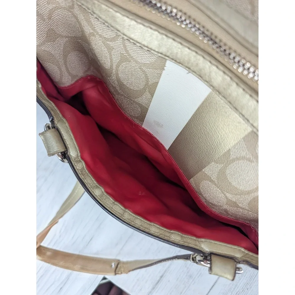 Coach Heritage Stripe Satchel Khaki Gold Signature Canvas Bag F14478
